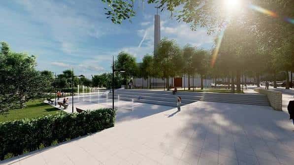 Render de la plaza renovada con escalinatas, zonas verdes y fuente ornamental