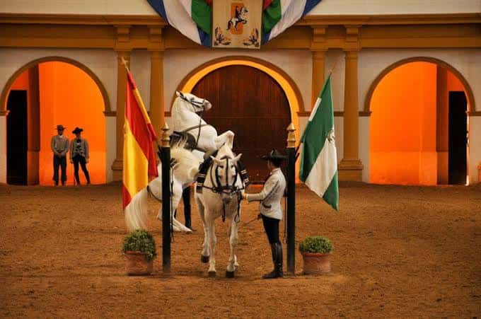 Exhibición de doma clásica con caballos blancos en el patio de la Real Escuela