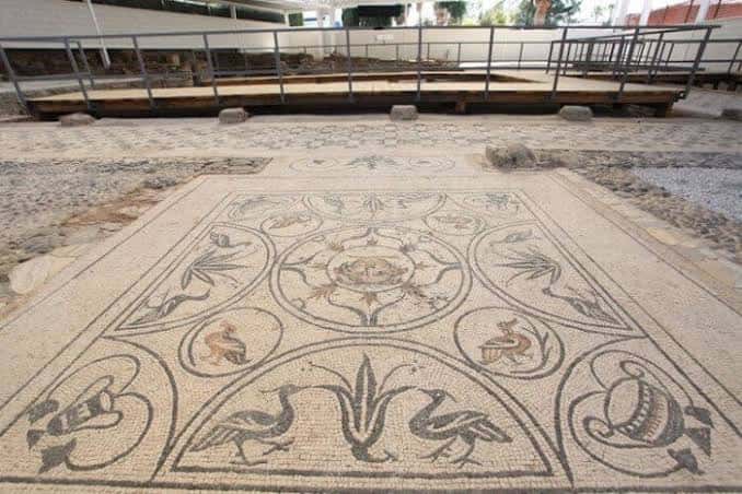 Mosaico central con motivos de aves y elementos vegetales en la Villa Romana de Río Verde