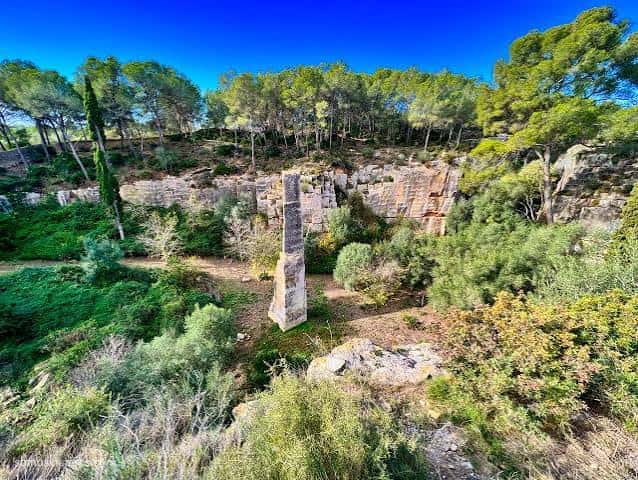 Vista panorámica de la Cantera Romana del Mèdol con el pilar de piedra en primer plano y bosque mediterráneo al fondo