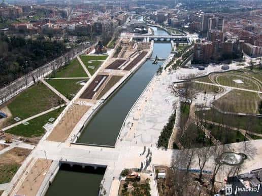 Vista aérea del Madrid Río y el Puente del Rey desde lo alto