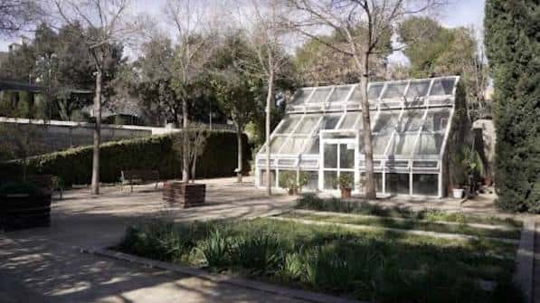 Invernadero de cristal en el interior del parque rodeado de vegetación