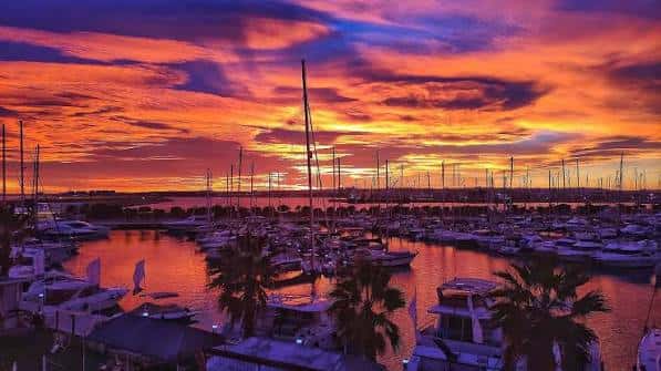Puesta de sol sobre el puerto deportivo de Torrevieja con veleros y palmeras
