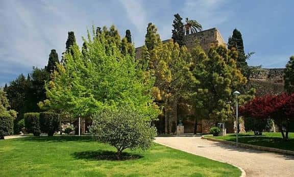 Jardines exteriores del Camp de Mart con senderos, árboles frondosos y fachada histórica del edificio