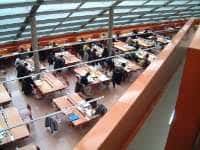 Interior de la sala de lectura con mesas de estudio y estructura de vidrio