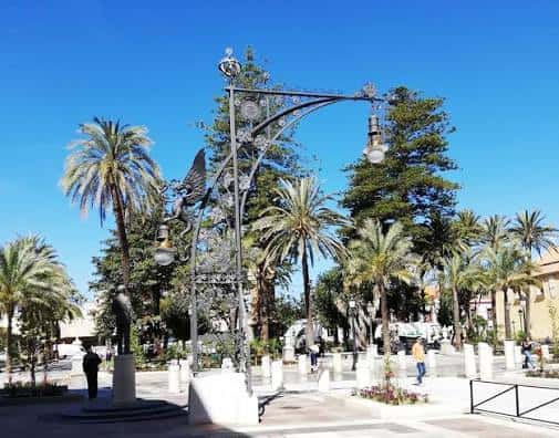 Plaza de África con farola ornamental y palmeras en un día soleado