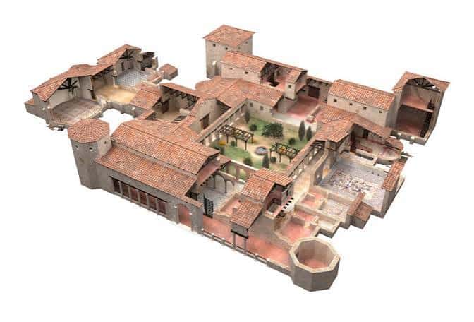 Modelo 3D de la Villa Romana La Olmeda mostrando la distribución de sus estancias y patios