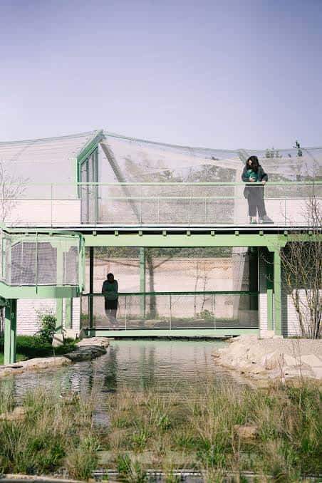 Vista exterior del Centro de Biodiversidad de Burgos con su estructura de malla verde y pasarelas elevadas