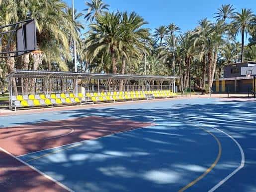 Pista de baloncesto al aire libre con gradas y palmeras