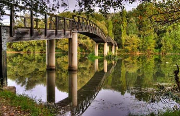 Puente curvo sobre el río con reflejos en el agua y vegetación verde