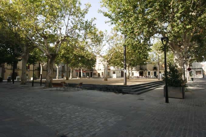 Plaza de Barcelona con árboles, bancos y escaleras en un día soleado