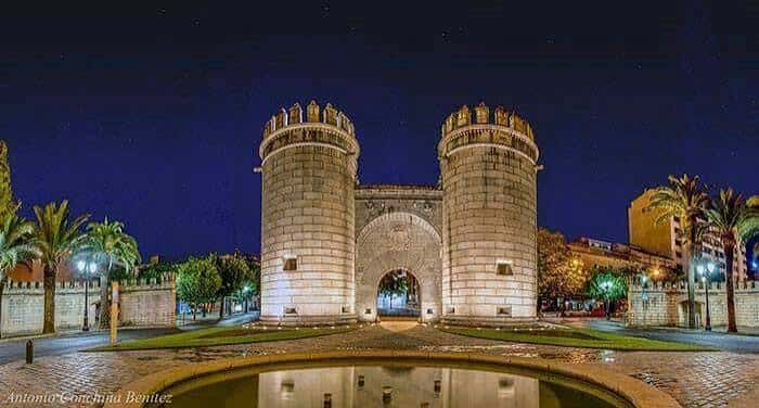 Puerta de Palmas iluminada por la noche con reflejo en el estanque frontal