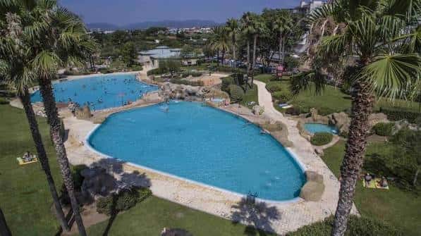 Piscina principal de las piscinas municipales rodeada de palmeras y césped