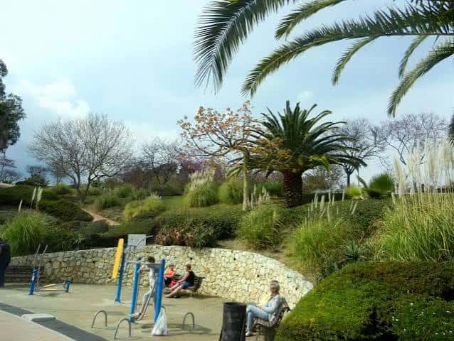 Zona de descanso y senderos con muros de piedra y palmeras en el Parque de la Paloma