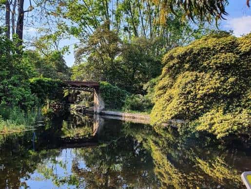 Puente de hierro y ladrillo sobre el canal rodeado de vegetación densa