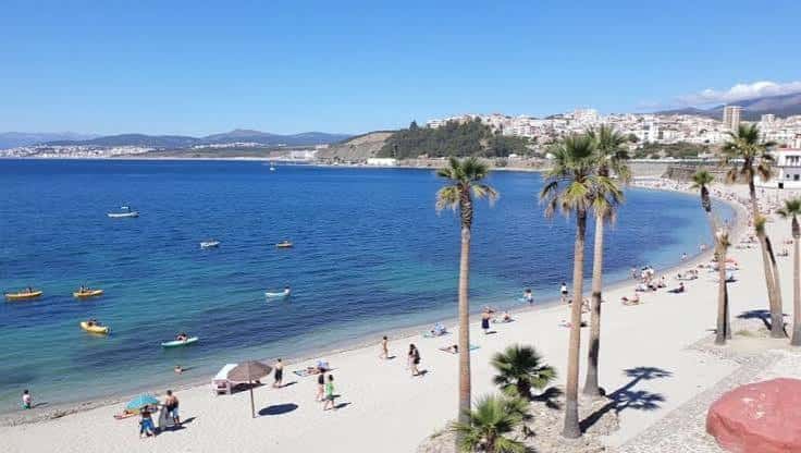 Playa de La Ribera con palmeras y mar azul bajo cielo despejado