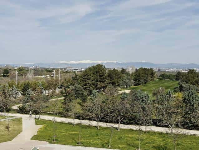 Vista elevada del parque con senderos, zonas verdes y montañas nevadas al fondo