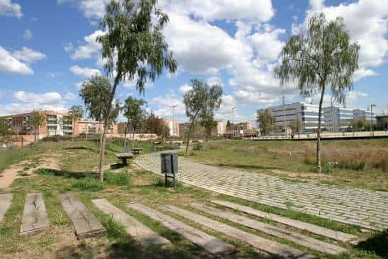 Área verde de la plaza con senderos y árboles bajo cielo azul