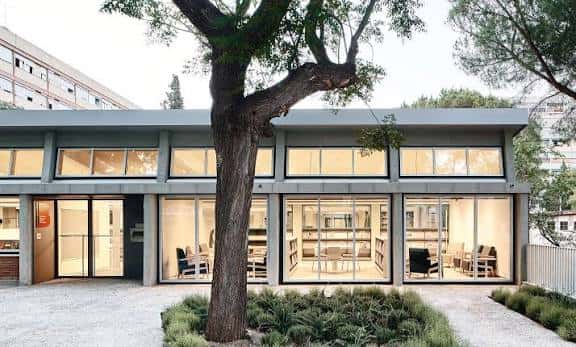 Fachada principal de la biblioteca con grandes ventanales y un árbol integrado en el diseño