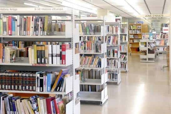 Interior de la biblioteca con estanterías organizadas y zona de lectura para adultos