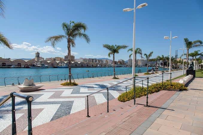 Vista panorámica del Moll dels Borja con los tinglados del puerto y palmeras bajo un cielo despejado