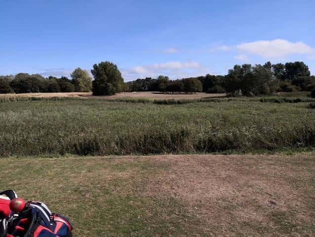 Campo de golf con vegetación alta y bolsa de palos de golf en primer plano bajo un cielo azul despejado