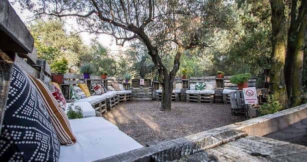 Zona de descanso al aire libre con sofás de palets y cojines bajo olivos