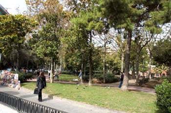 Área verde del jardín con senderos y personas caminando