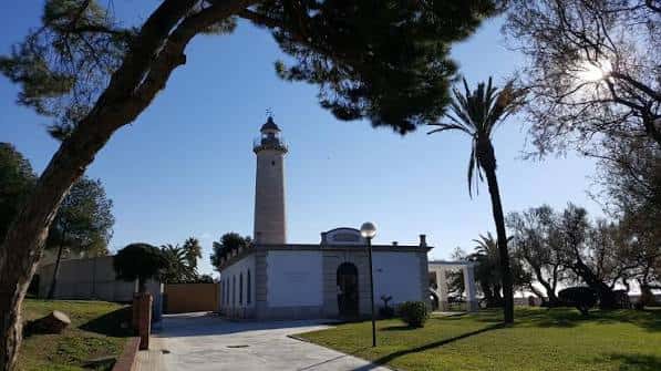 Fachada del Espai Far con el faro al fondo y palmeras