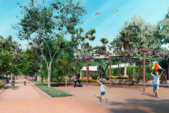 Render del jardín de la Gerencia con pérgolas y zonas verdes para celebraciones