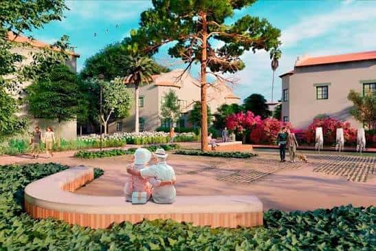 Render de zona de descanso con bancos curvos y vegetación en el paseo