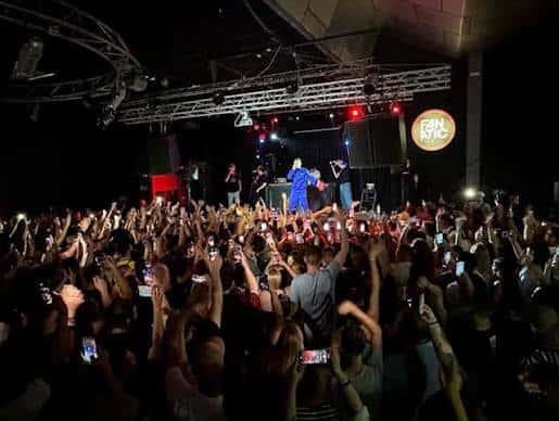 Concierto en vivo con multitud de asistentes y banda en el escenario