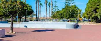 Vista panorámica del skatepark con palmeras y césped