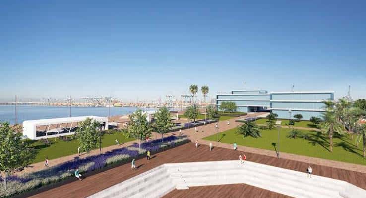 Render del paseo marítimo con áreas verdes y el edificio del Lago Marítimo al fondo