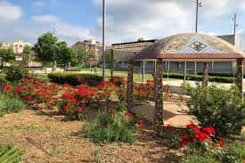 Jardines del Parc 1 d'Octubre con flores rojas y kiosco decorado