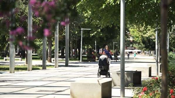 Paseo del parque con personas caminando y flores en primer plano