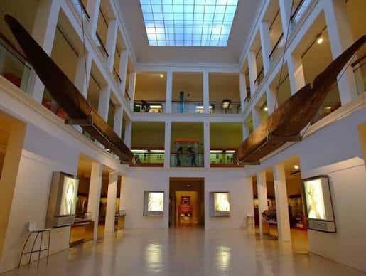 Atrio interior del museo con gran claraboya y estructuras de madera colgantes