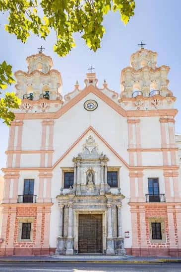 Vista frontal de la Iglesia del Carmen enmarcada por hojas verdes bajo un cielo azul
