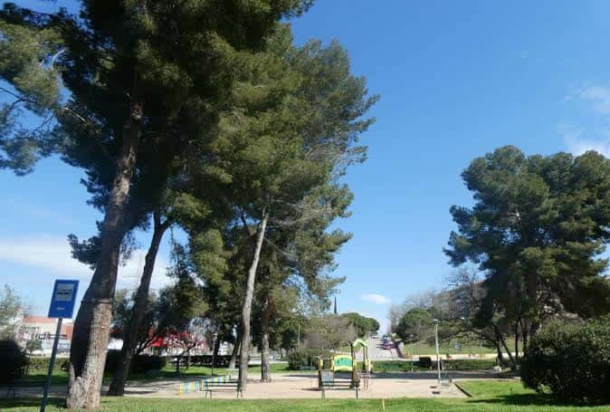Vista panorámica de la Plaça de Joan Santamaria con árboles frondosos y zona de juegos infantiles