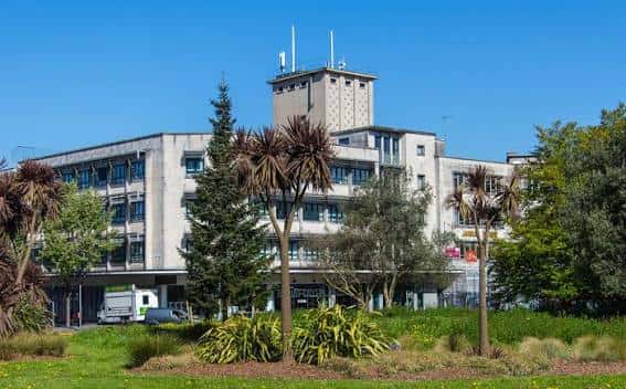 Vista frontal del edificio de Derrys Cross con palmeras y césped en primer plano bajo cielo azul