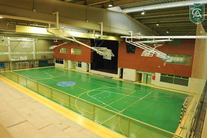 Pabellón deportivo interior con cancha de baloncesto y gradas