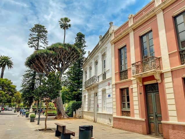 Fachada colonial de color rosa en la Plaza de Bajamar con palmeras y cielo despejado