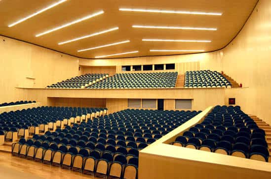 Interior del auditorio con butacas azules y techo de madera
