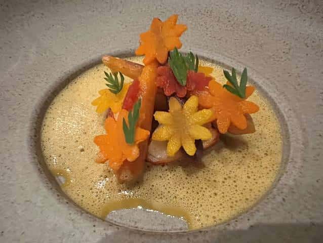 Plato gourmet decorado con flores de zanahoria y verduras