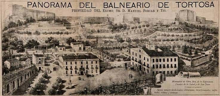 Panorama antiguo del Balneario de Tortosa mostrando la propiedad y sus jardines