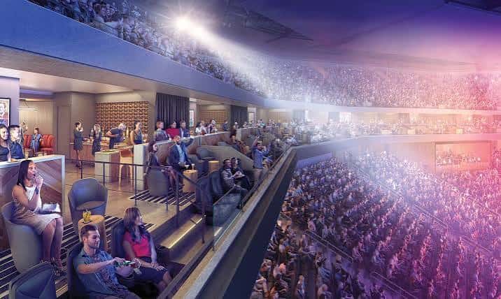 Vista desde los palcos privados del Moody Center con vista al escenario y público en las gradas