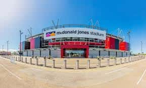Vista panorámica exterior del McDonald Jones Stadium con su fachada roja y azul bajo un cielo despejado