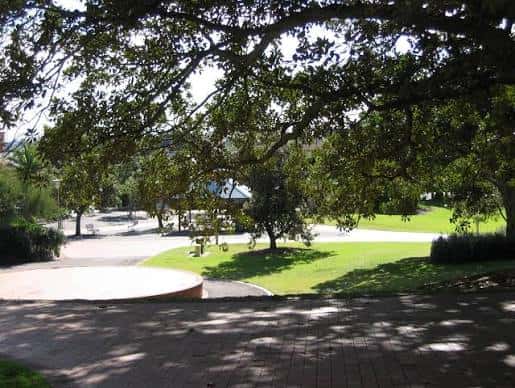 Vista diurna del parque con senderos y áreas verdes