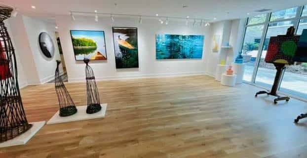 Espacio amplio del The Prow Gallery con piso de madera y obras de arte expuestas