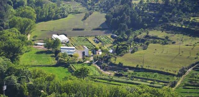 Vista aérea de la Escola Agrària de Manresa con invernaderos y campos de cultivo en un entorno rural